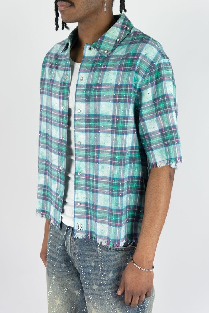 R3BEL Button Down R3BEL Plaid Short Sleeve Rhinestone Shirt R3BEL Plaid Short Sleeve Rhinestone Shirt