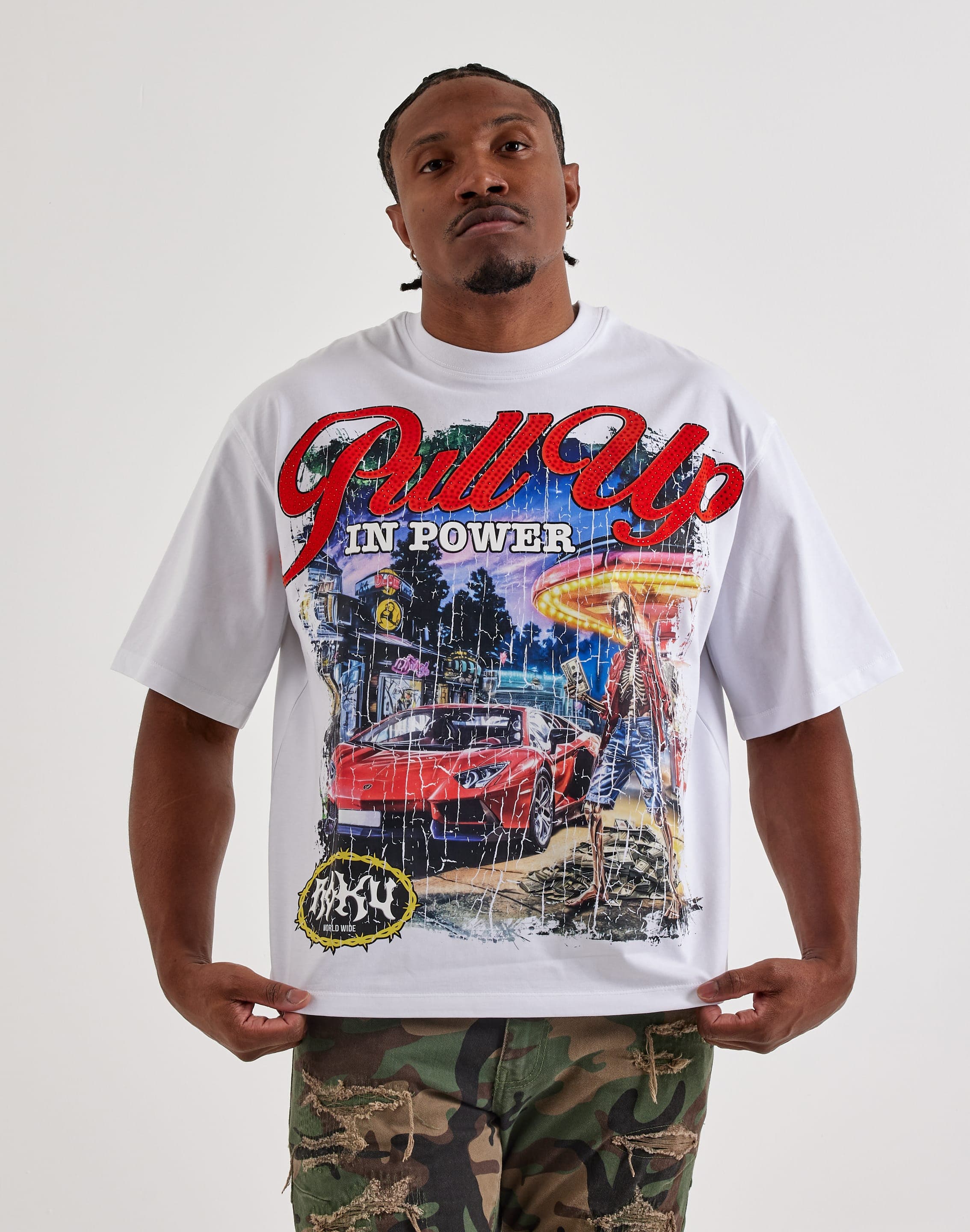 Roku Studio Pull Up Tee in white, a casual men's T-shirt with a graphic design on the front.