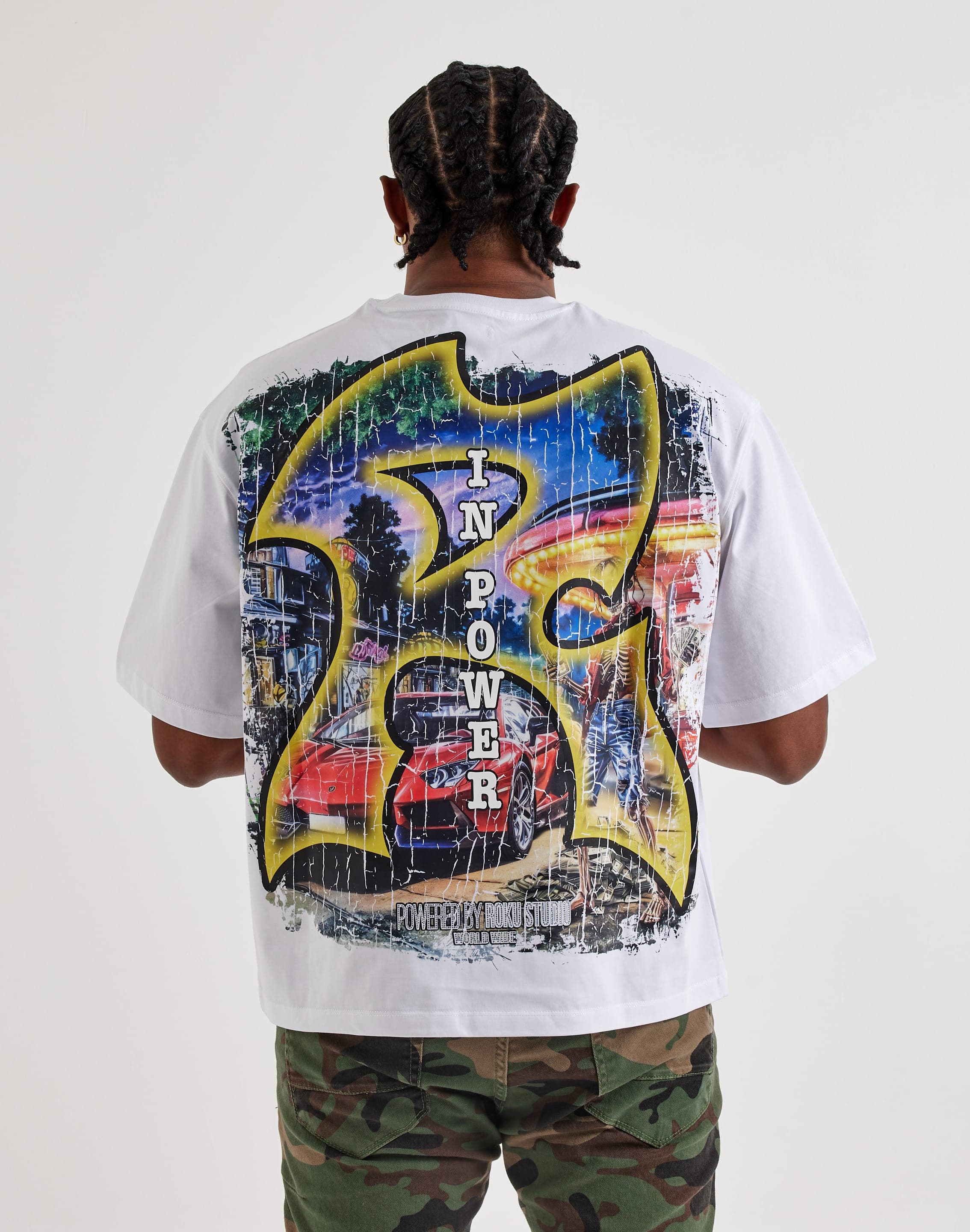 Roku Studio Pull Up Tee, white T-shirt featuring the Roku Studio logo, casual fit, front view, soft cotton fabric.