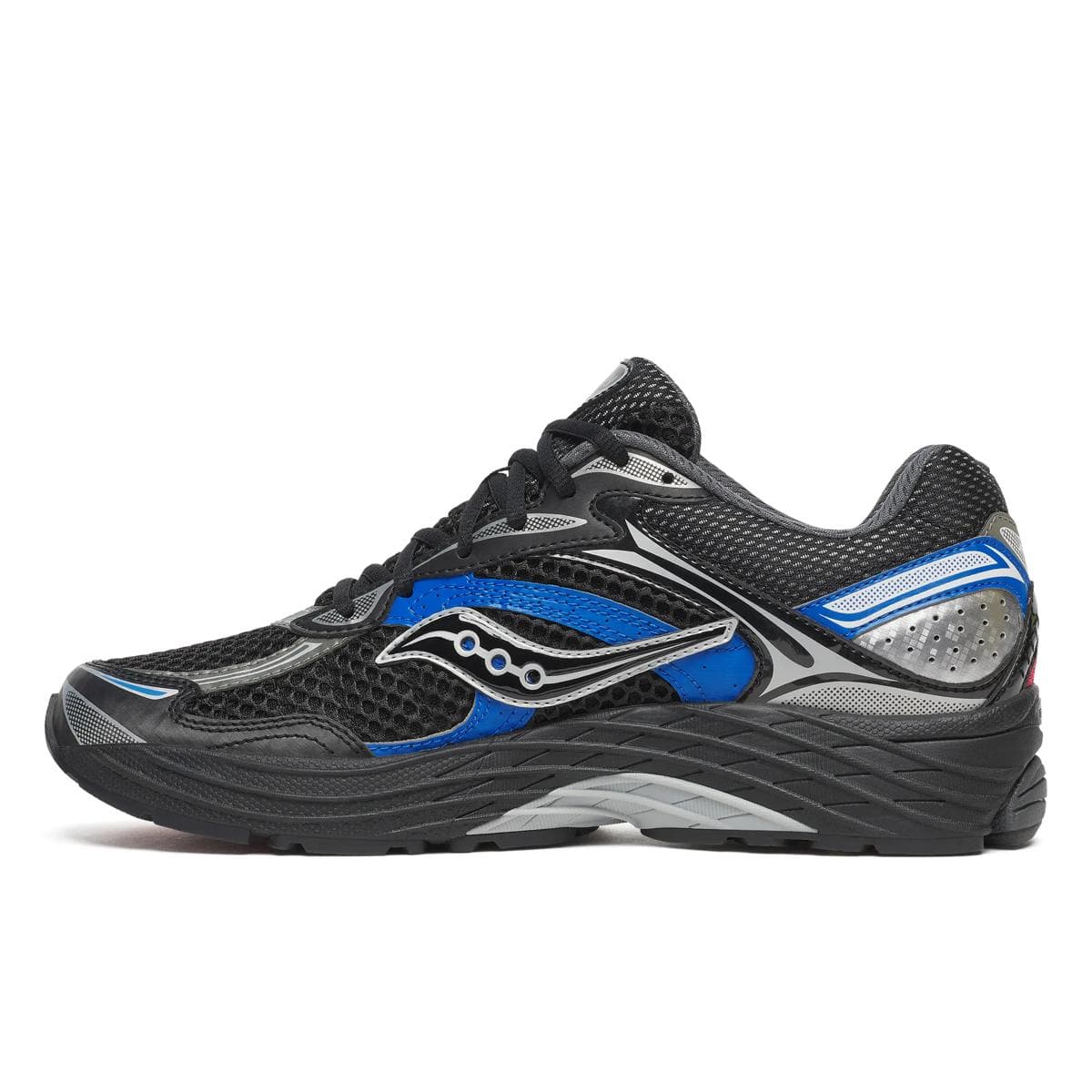 Men's Saucony ProGrid Omni 9 sneakers in black with multicolor accents, showcasing the athletic design and supportive sole.