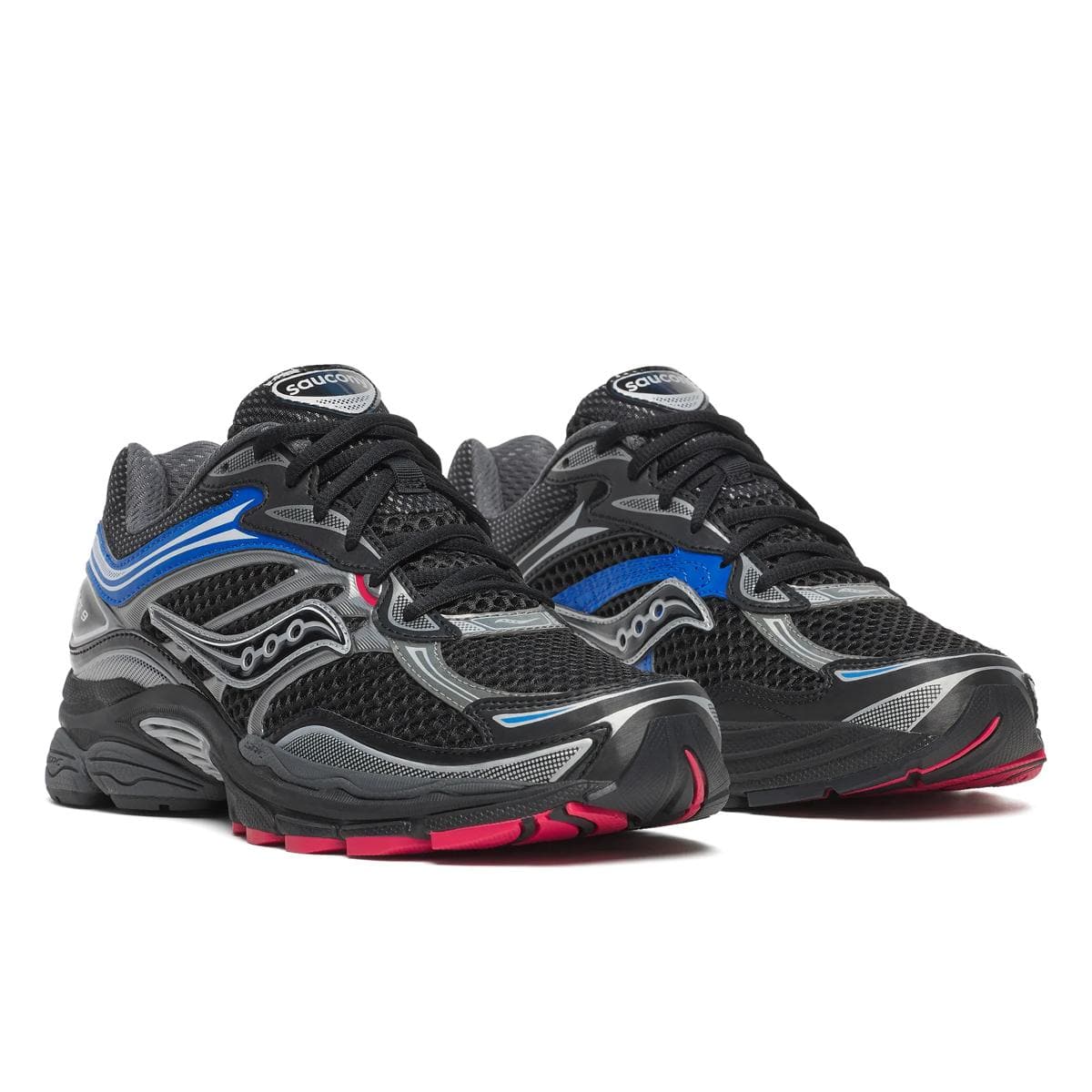 Men's Saucony ProGrid Omni 9 sneakers in black with multi-colored accents, showcasing a sleek athletic design and cushioned sole.