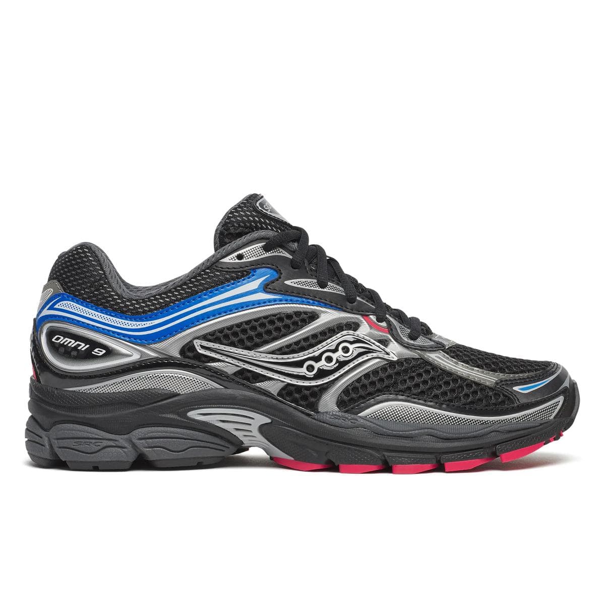 Men's Saucony ProGrid Omni 9 sneakers in black with multicolored accents, showcasing the athletic design and supportive structure.