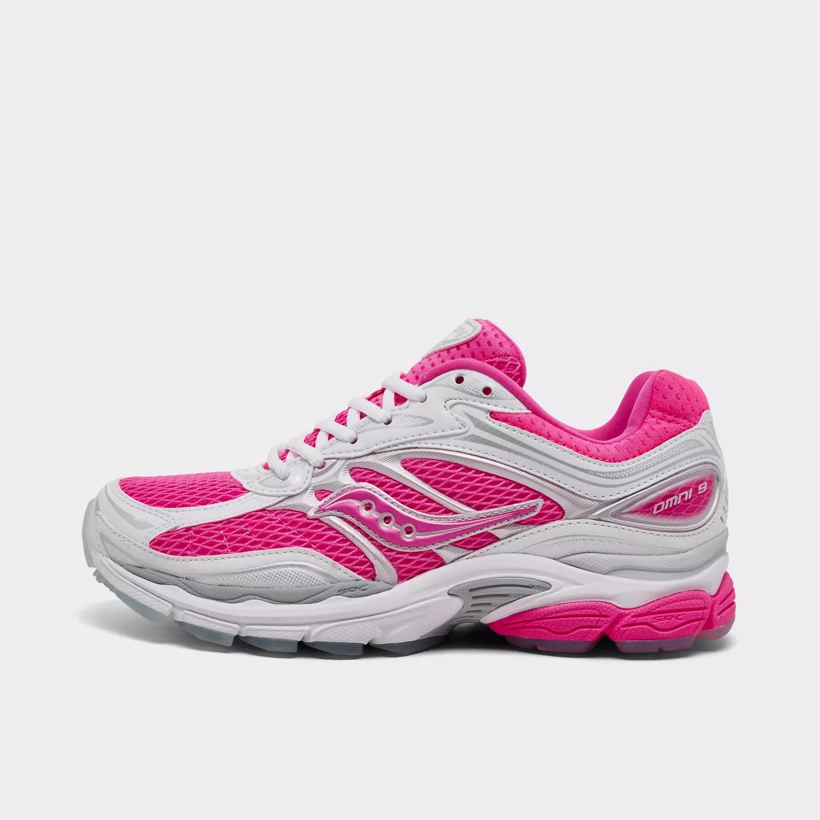 Pink Saucony ProGrid Omni 9 women's running sneakers with breathable mesh and cushioned sole for comfort.