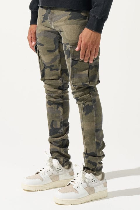 Serenede Warsaint cargo denim jeans shown from the right side, featuring multiple cargo pockets and a classic blue denim finish.