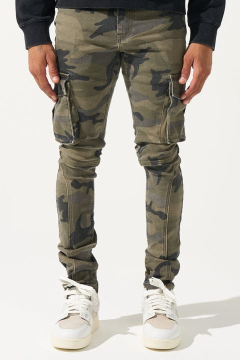 Serenade Warsaint cargo jeans in denim, showing the right side with multiple utility pockets and a relaxed fit.
