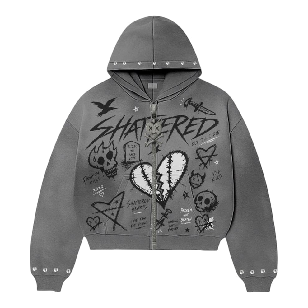 Gray Doodle Hoodie by Shattered Hearts, featuring artistic doodle designs on a cozy hooded sweatshirt.