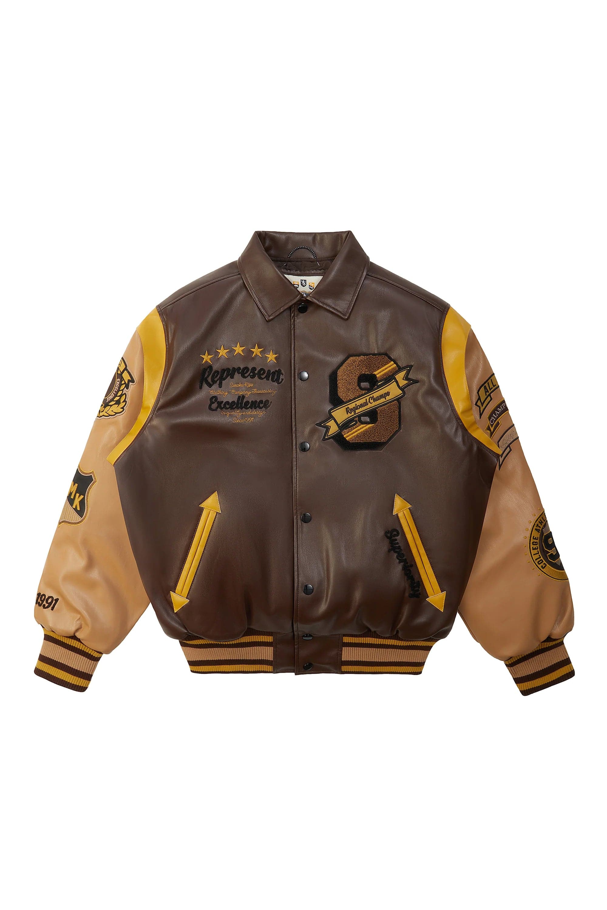 Smokerise Jackets Smoke Rise Plaid Vegan Leather Varsity Jacket (Brown) Smoke Rise Plaid Vegan Leather Varsity Jacket (Brown)