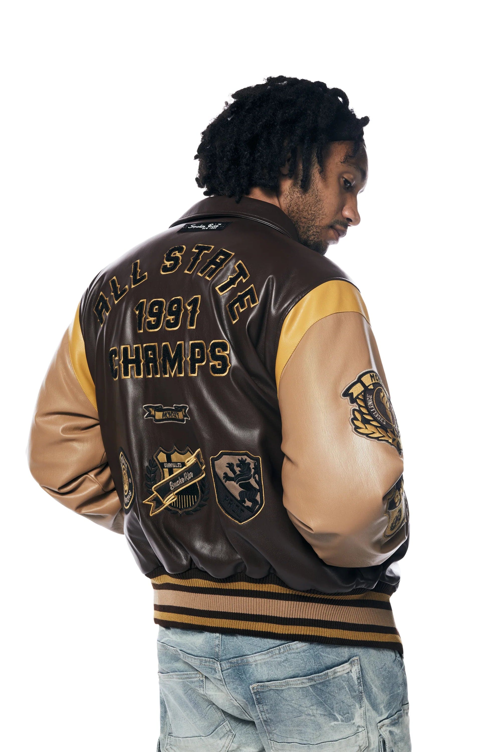 Smokerise Jackets Smoke Rise Plaid Vegan Leather Varsity Jacket (Brown) Smoke Rise Plaid Vegan Leather Varsity Jacket (Brown)