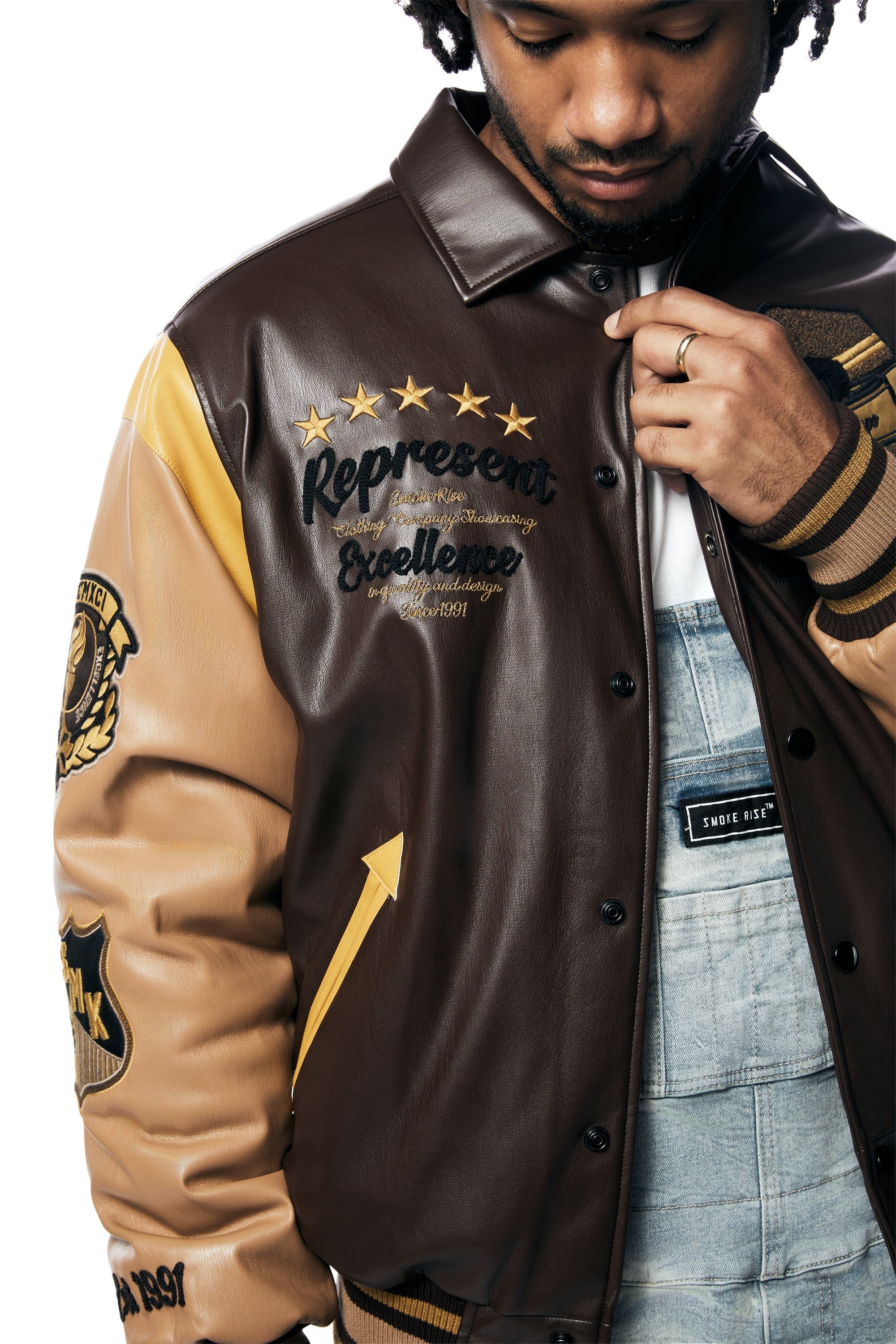 Smokerise Jackets Smoke Rise Plaid Vegan Leather Varsity Jacket (Brown) Smoke Rise Plaid Vegan Leather Varsity Jacket (Brown)