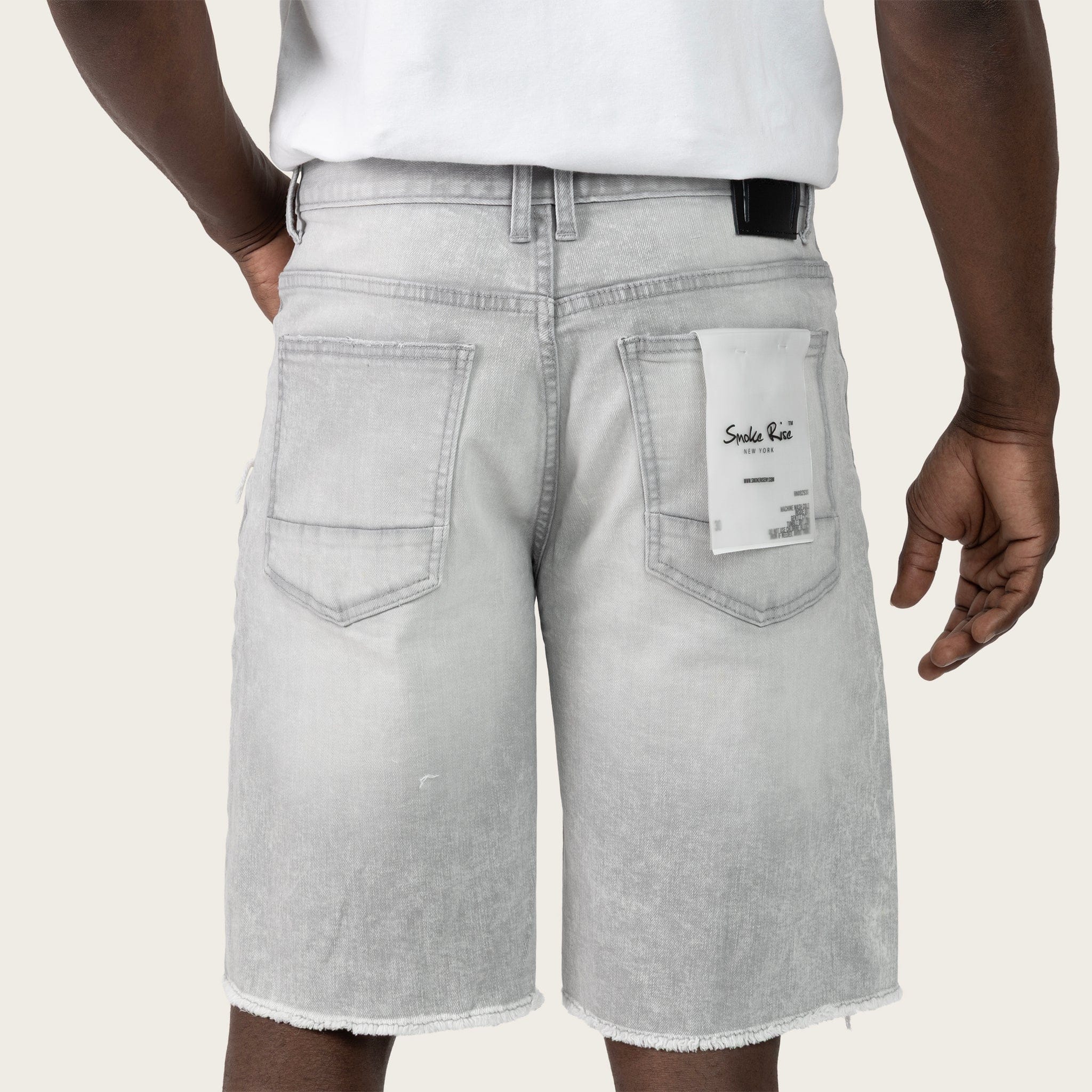 SmokeRise Breezy Grey Jean Shorts, casual denim shorts with a relaxed fit, featuring a distressed design and rolled hems.