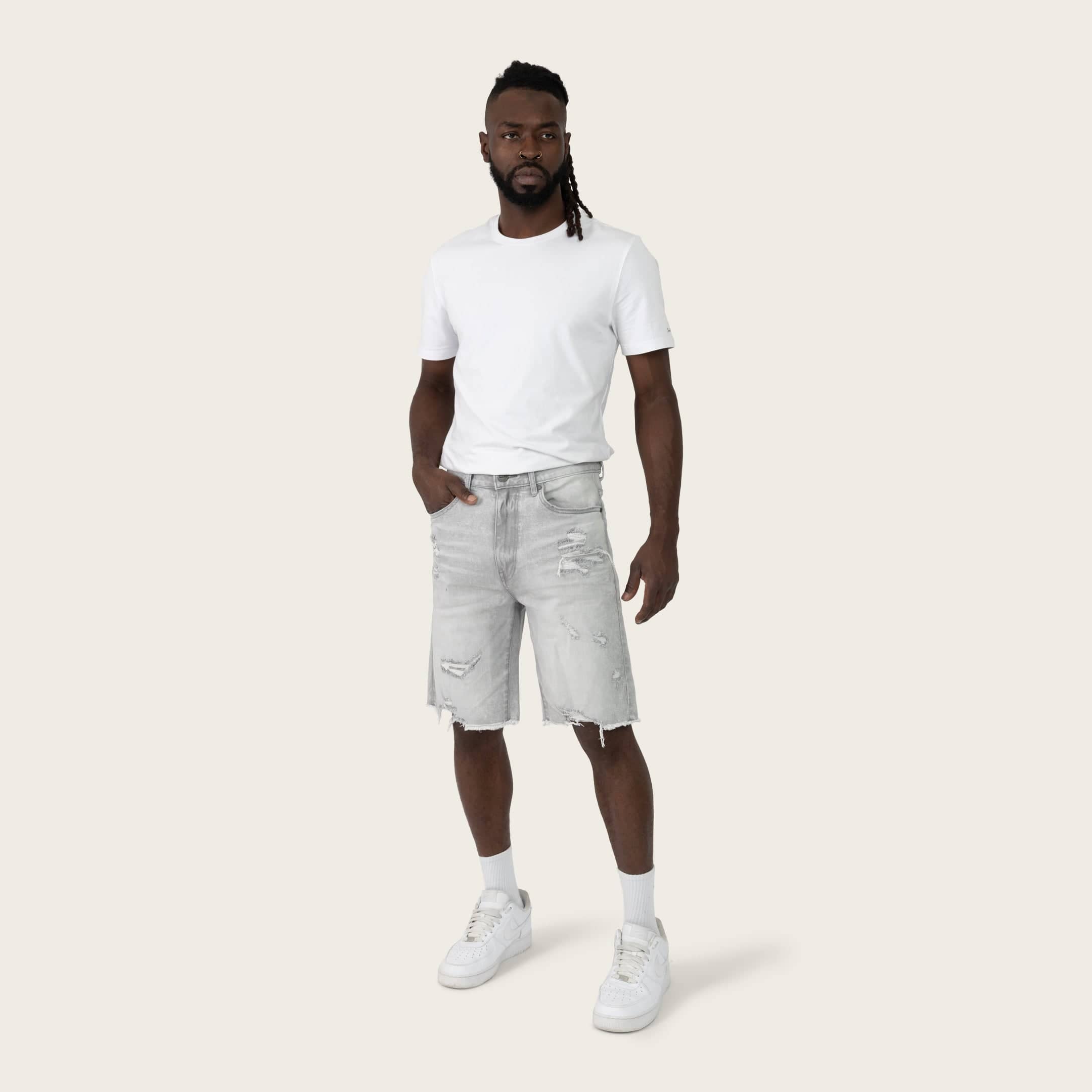SmokeRise Essential Breezy Grey Jean Shorts, casual denim shorts with a relaxed fit and distressed details.