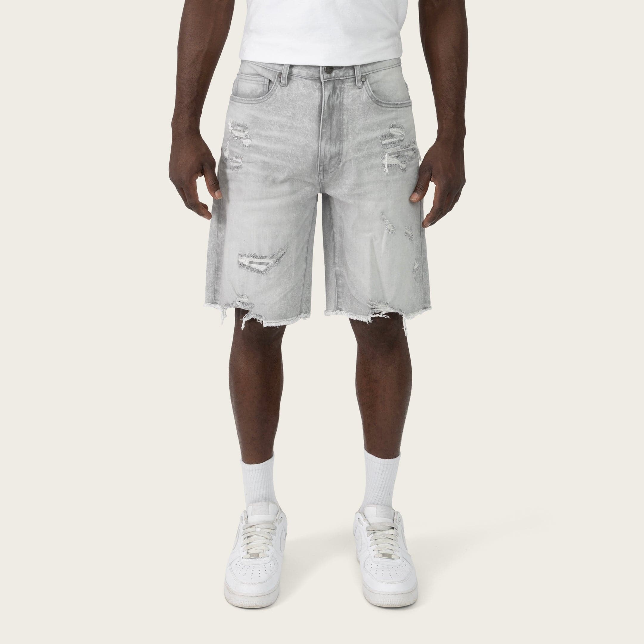 Smokerise SmokeRise Essential Breezy Grey Jean Shorts, casual denim shorts with a relaxed fit and distressed detailing.