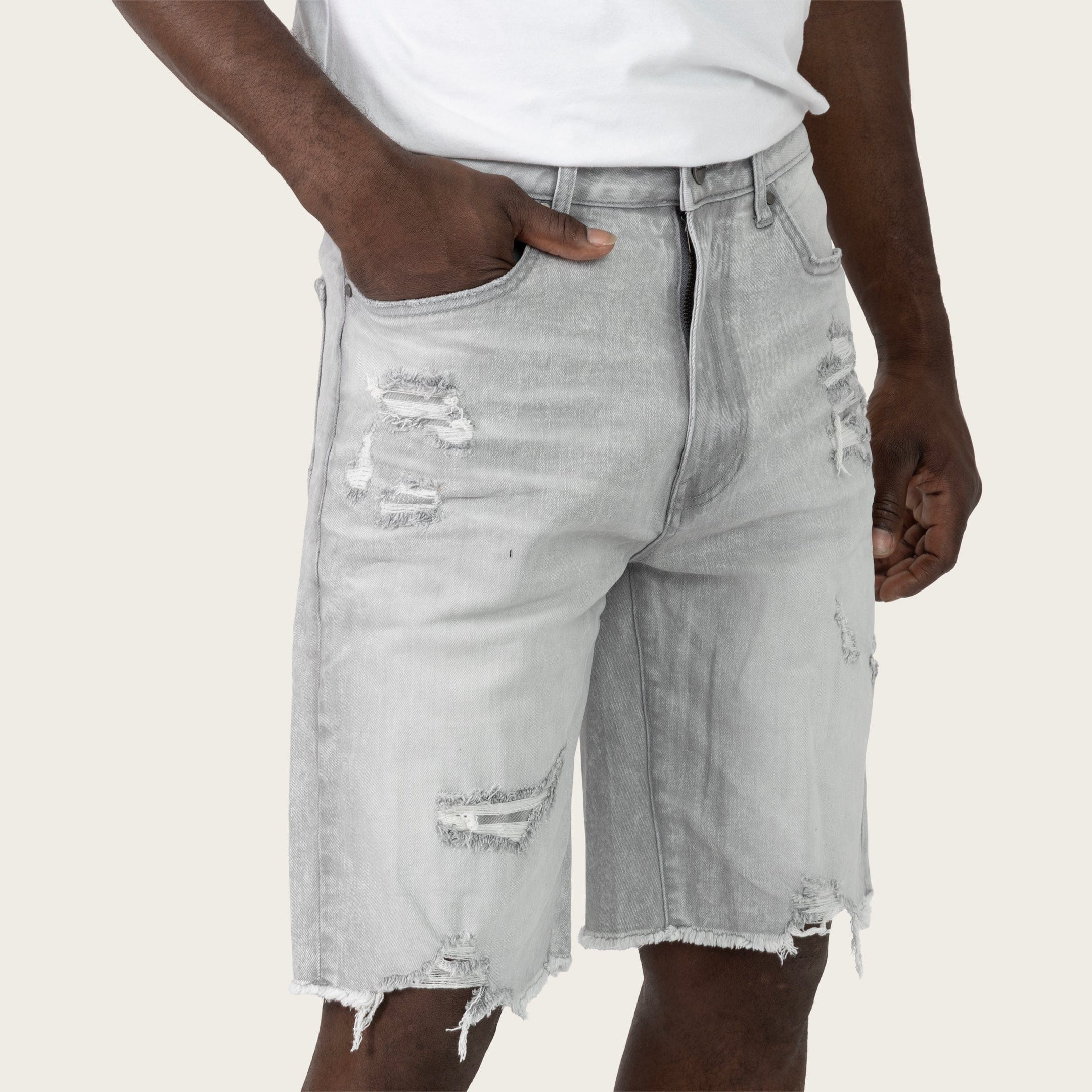 SmokeRise Essential Breezy Grey Jean Shorts, casual denim shorts with a relaxed fit and distressed details, styled for warm weather.