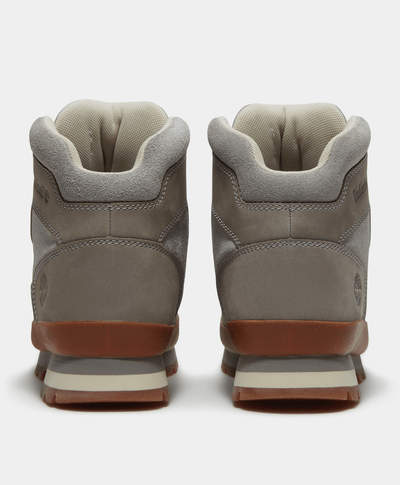 Grey Timberland men's Euro Hiker boots with rugged leather and durable rubber soles, ideal for outdoor wear.