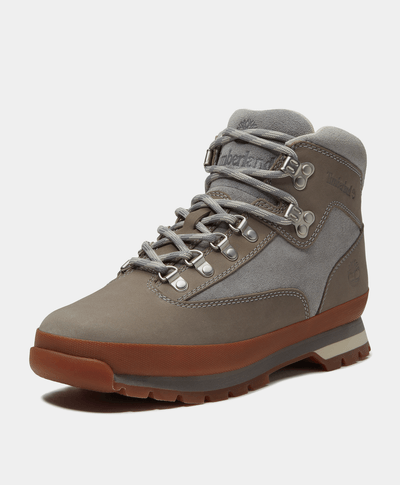 Grey Timberland men's Euro Hiker boots with rugged leather upper and sturdy sole, designed for outdoor wear and durability.