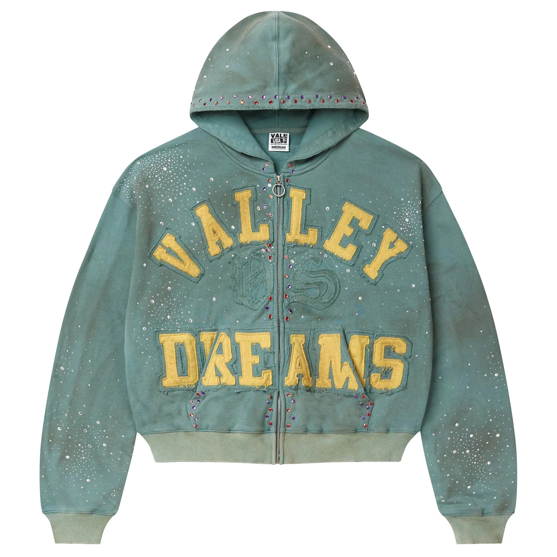 Vale Forever Bank zip-up hoodie in dark mint color with galaxy and jeweled design, made from soft hoodie fabric.