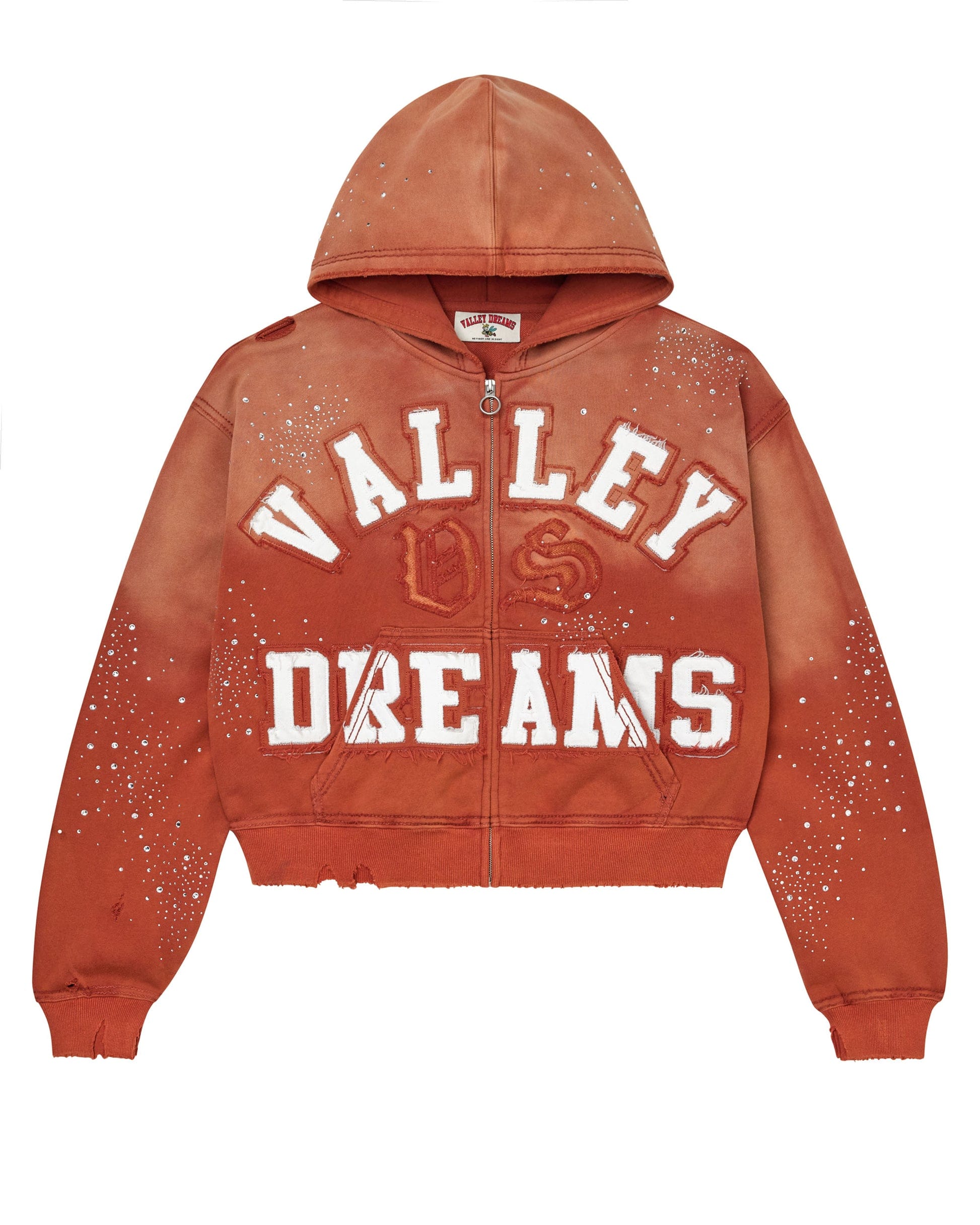 Vale Forever Orange Classico Zip Up Hoodie with galaxy-inspired design and jeweled accents, featuring a front zipper and hood.