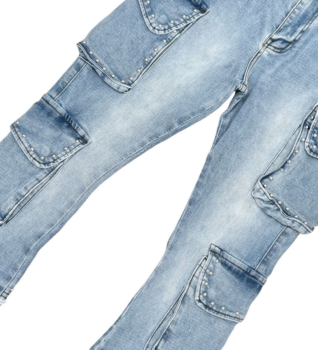 Vicious Cargo Pants Vicious Blue Stacked Multi Cargo Studded Denim Vicious Blue Stacked Multi Cargo Studded Denim