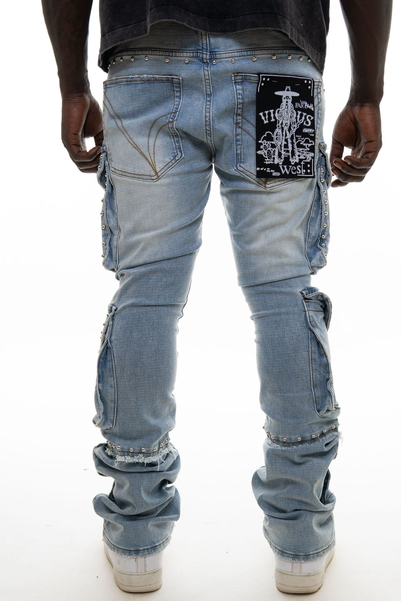 Vicious Cargo Pants Vicious Blue Stacked Multi Cargo Studded Denim Vicious Blue Stacked Multi Cargo Studded Denim