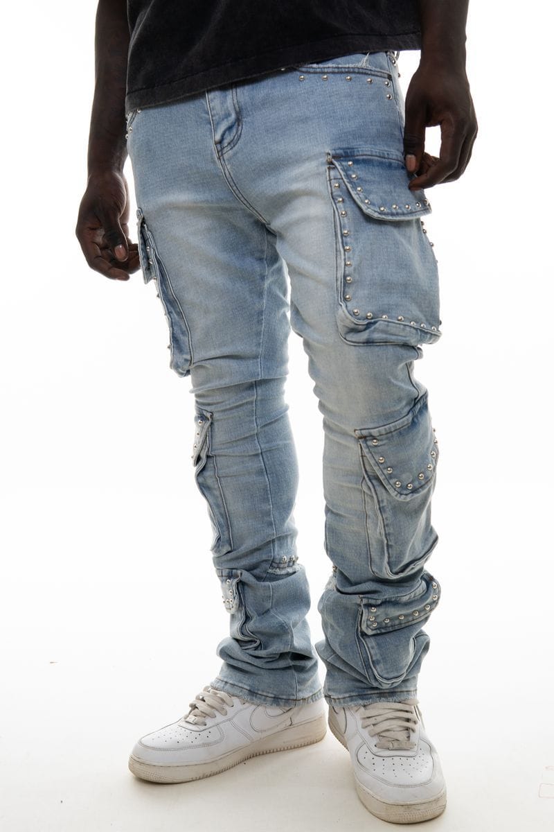 Vicious Cargo Pants Vicious Blue Stacked Multi Cargo Studded Denim Vicious Blue Stacked Multi Cargo Studded Denim