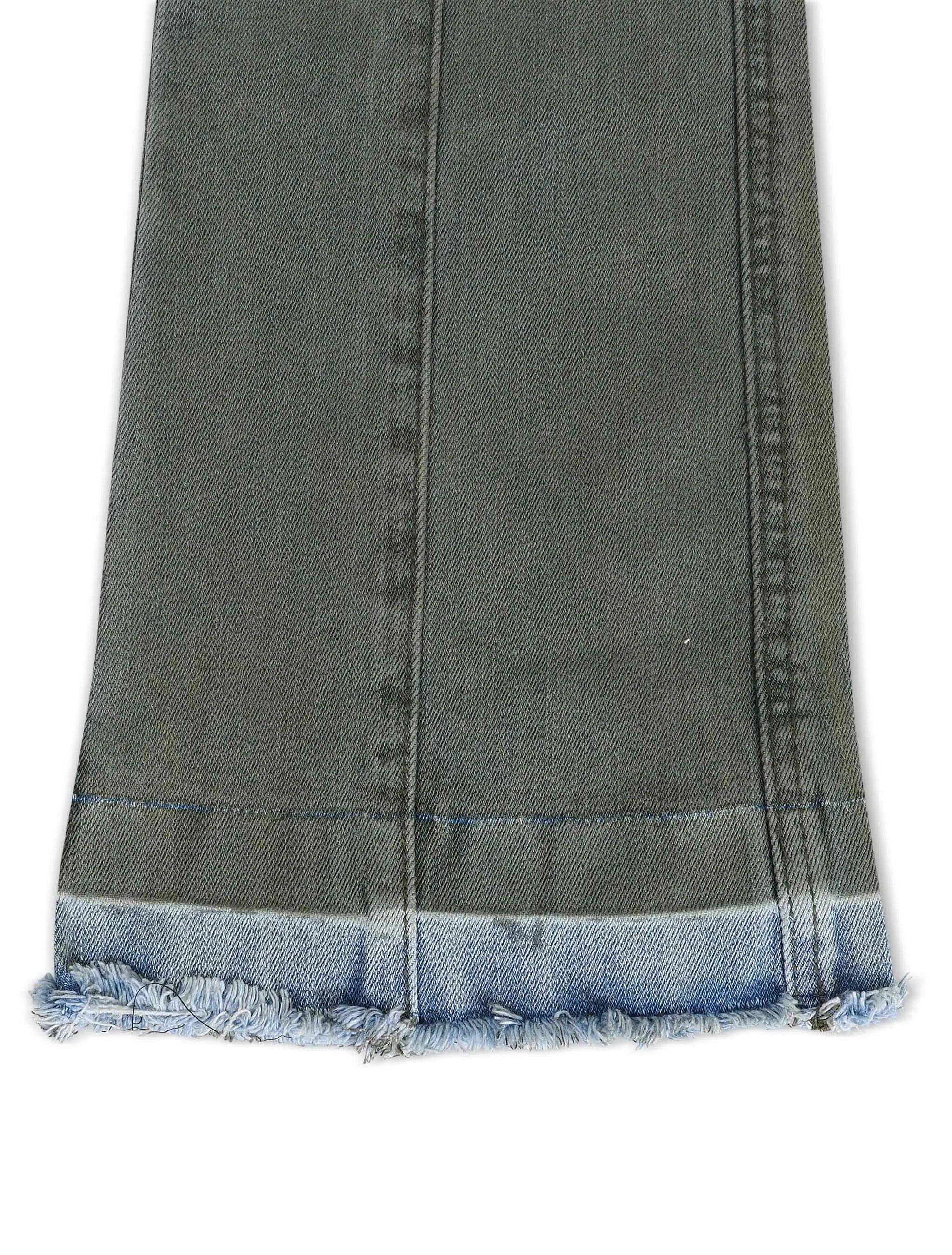 Vicious Vicious Denim Cargo Stacked Jeans in olive color, featuring a relaxed fit and multiple cargo pockets on the denim fabric.