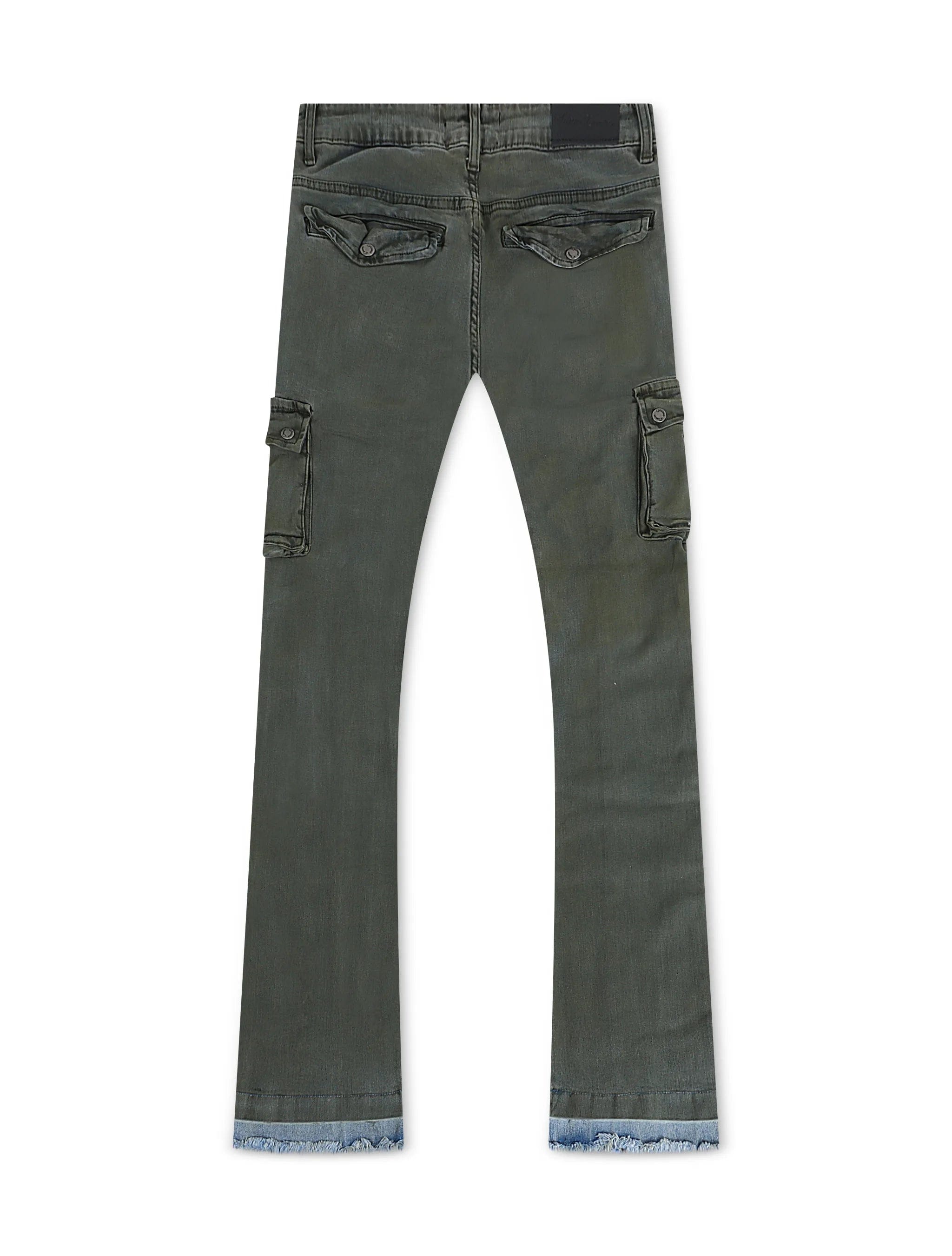 Vicious Vicious Denim Cargo Stacked Jeans in olive, showcasing a relaxed fit with multiple pockets and a stylish stacked design.