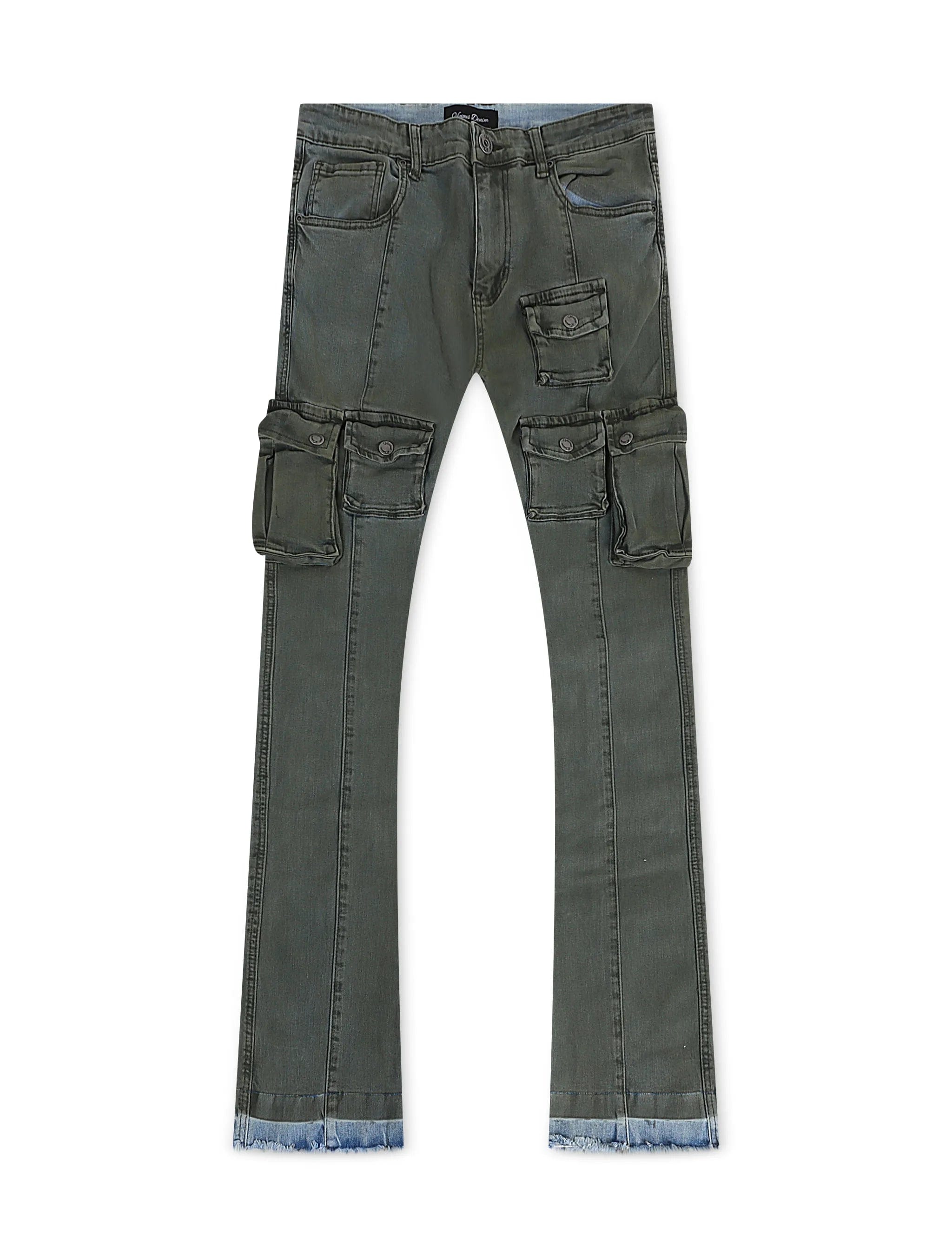 Vicious Vicious Denim Cargo Stacked Jeans in olive color with a relaxed fit and multiple cargo pockets.