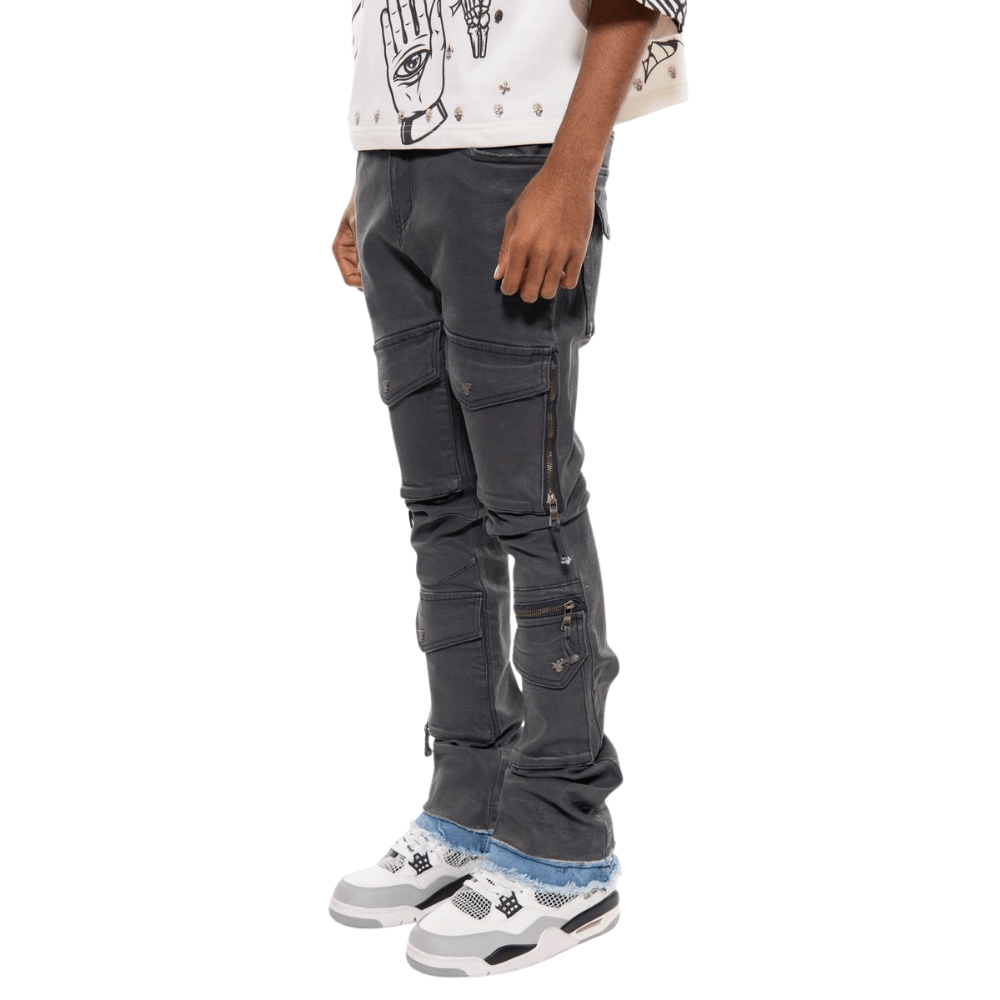 Vicious Denim WAX COATED MULTI CARGO FLARE DENIM WAX COATED MULTI CARGO FLARE DENIM