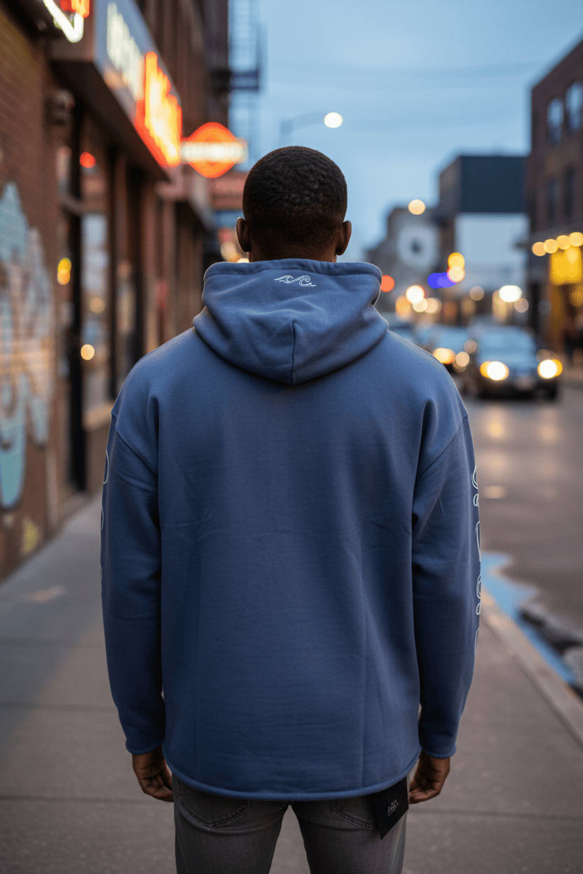 Wave District Gotham Hoodie displayed on a model, featuring a casual fit and stylish design perfect for streetwear and everyday wear.