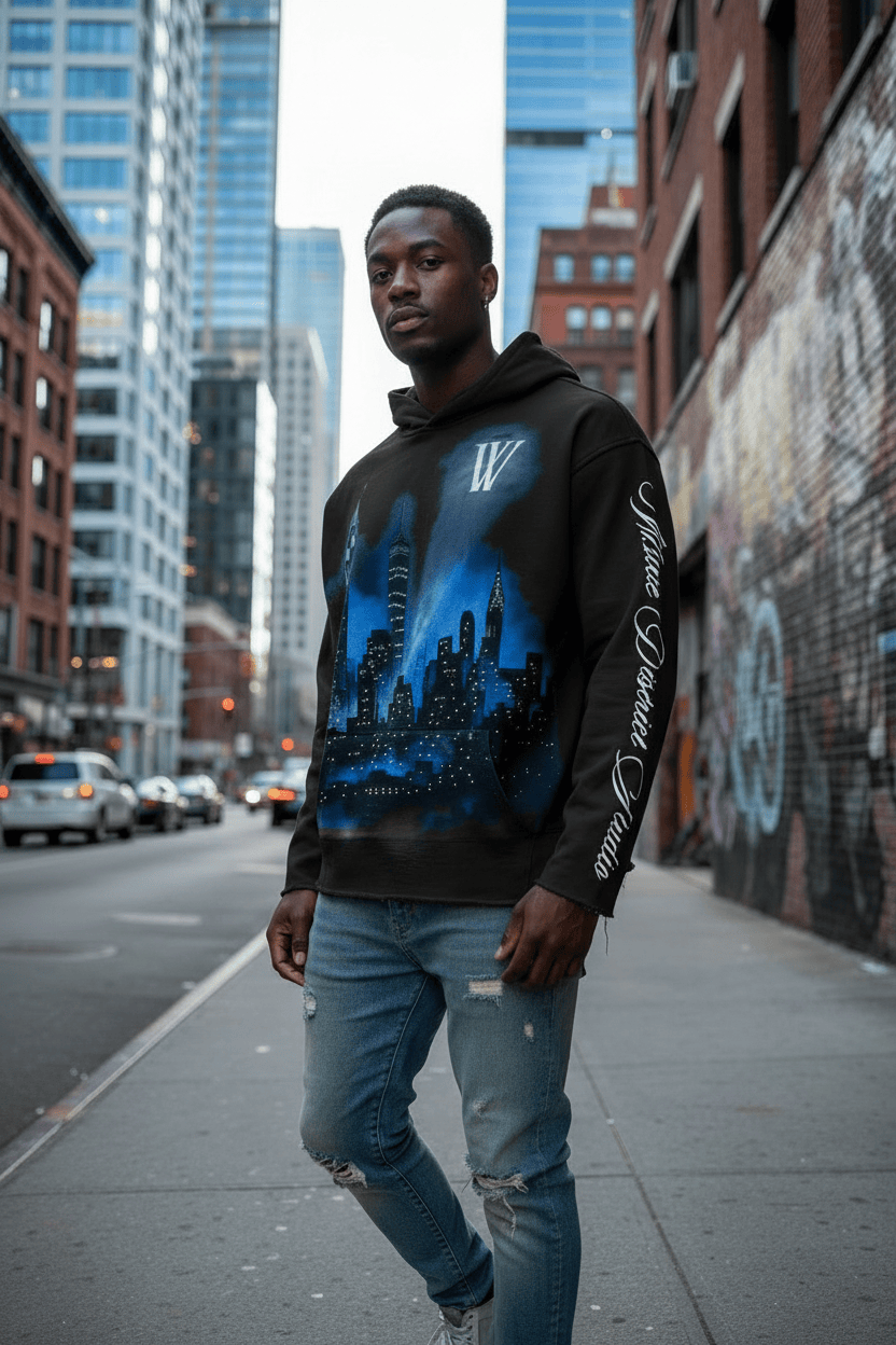 Wave District Gotham Hoodie, gray pullover hoodie with front pocket and logo design, casual streetwear fashion.
