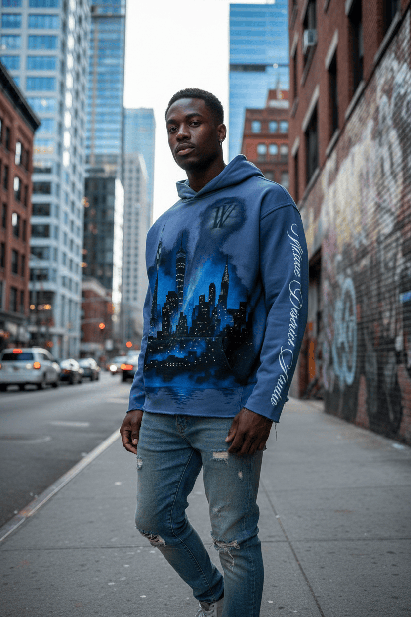 Gray Wave District Gotham Hoodie with front pocket and hood, made of soft fabric, featuring a stylish urban design.